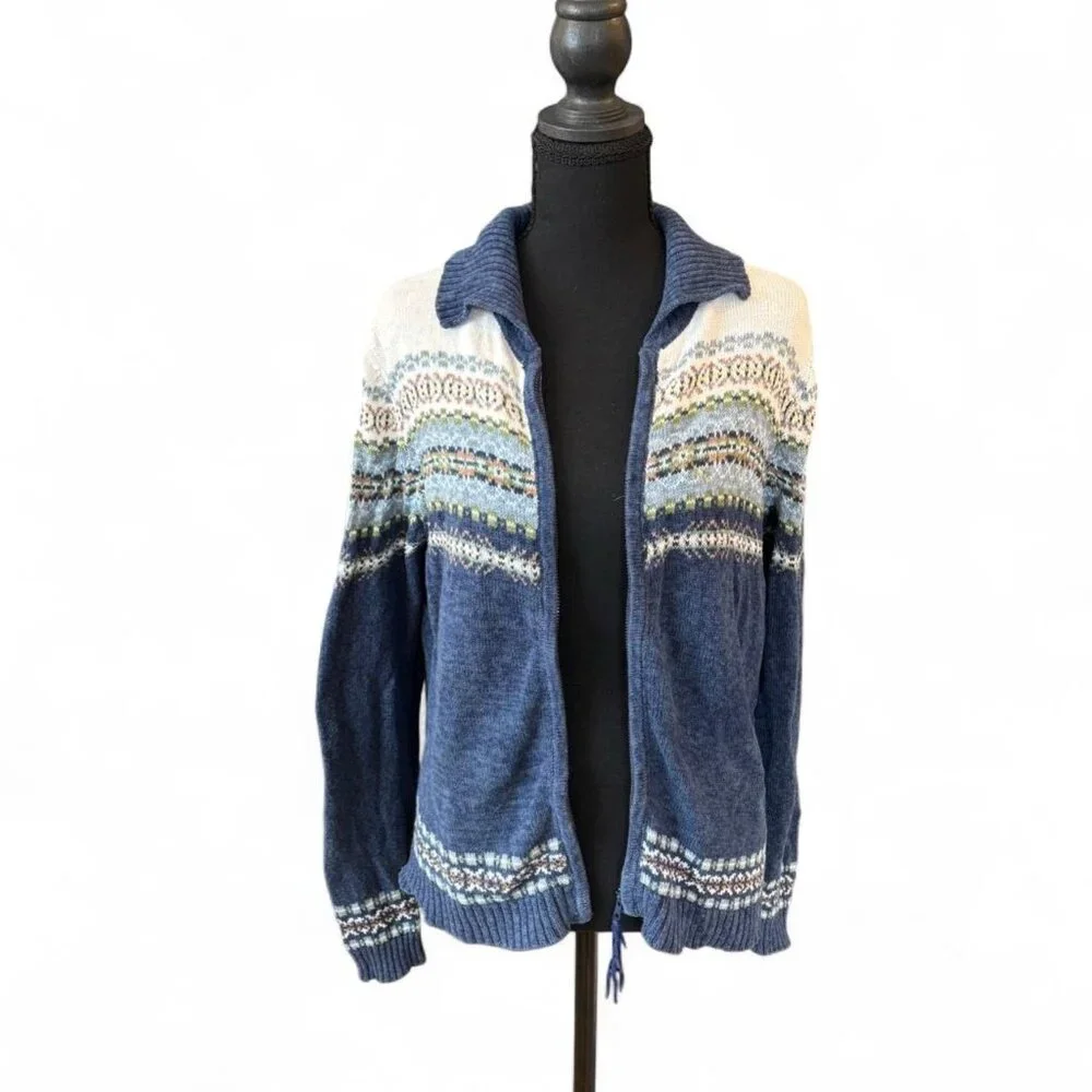 Vintage Cotton Fair Isle Nordic Cardigan Blue Cream Zip‎ Front Cabin Sweater